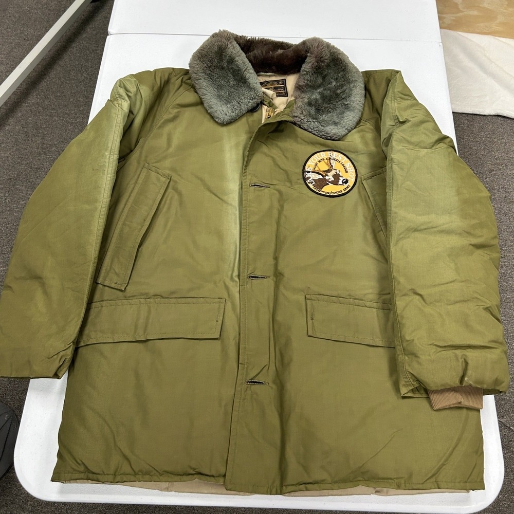 Eddie Bauer Expedition Parka Mens XL Olive Green Faux Fur Collar Goose Down E2